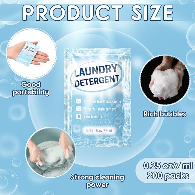 Leelosp 200 Pcs Individual Travel Laundry Detergent Bulk Travel Size Laundry Detergent Packets Portable Single Use Liquid Soap for Traveler Hostel Essentials Cleaning