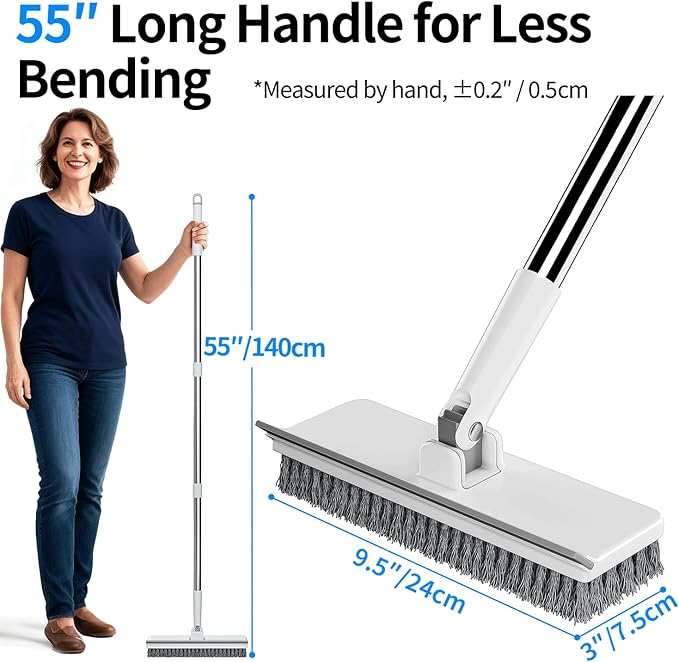 Floor Scrub Brush with 55" Long Handle, 2-in-1 Floor Brush with Built-in Squeegee, Adjustable Angle Head and Stiff Bristles for Tile, Wood, Concrete & Textured Floor Cleaning