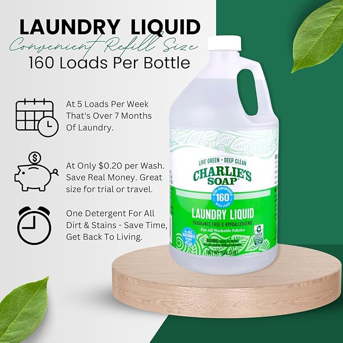 Charlie’s Soap – Fragrance-Free Laundry Liquid detergent – 160 Loads (128 oz, 1 Pack)