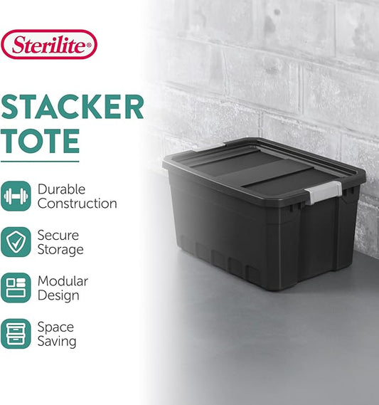 Sterilite 24-Pack Plastic Storage Bins with Lids, Stackable Containers, 19 Gallon, Black
