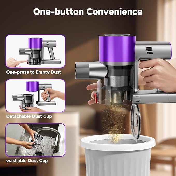 Cordless Stick Vacuum Cleaner, 38Kpa Powerful Suction Vacuum Cleaner with LED Headlight, Detachable Battery, 8-in-1 Lightweight Handheld Vacuums for Pet Hair Carpet and Hardwood Floor, Purple