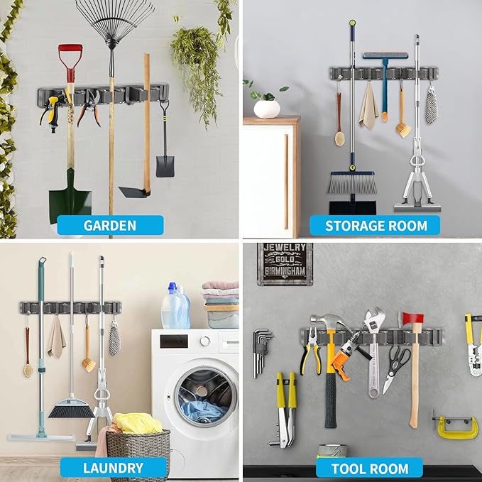 Broom Holder Wall Mount with Adjustable Hooks, Mop Organizer Rack for Narrow Space, Mop and Broom Hanger Wall Mount for Organizing in Kitchen, Garage, Laundry Room, 3 Racks 4 Hooks, Gray