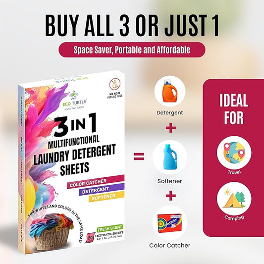 Color Catcher Fabric Softener Laundry Detergent Sheets 20 Loads Fresh Scent, Plant based, No Plastic Jugs Travel Friendly, Ultra Concentrated Mix Colored with Whites Detergent Softener & Color Catcher