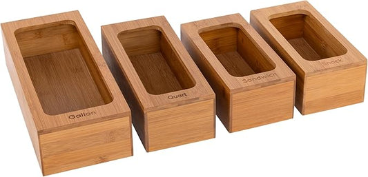 Seville Classics Bamboo Premium Organizer Storage Bins for Kitchen Silverware, Pantry, Closet, Office Desk, Pens, Utensils, Makeup, K Cup, Bamboo, Bag Holder Bin Set (4 Piece)