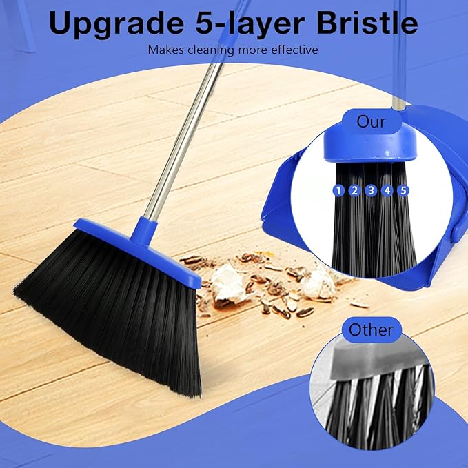 Broom and Dustpan Set, Long Handle Lightweight Dustpans with Broom Combo for Home, Indoor&Outdoor Sweeping for Home Room Kitchen Office Lobby (Dark Blue)