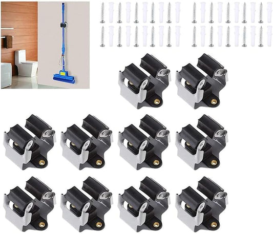 Broom Holder Wall Mount 10 Pack Heavy Duty Metal Mop Broomstick Shovel Handle Hanging Clips Clamp Organizer Hanger Rack Gripper Black