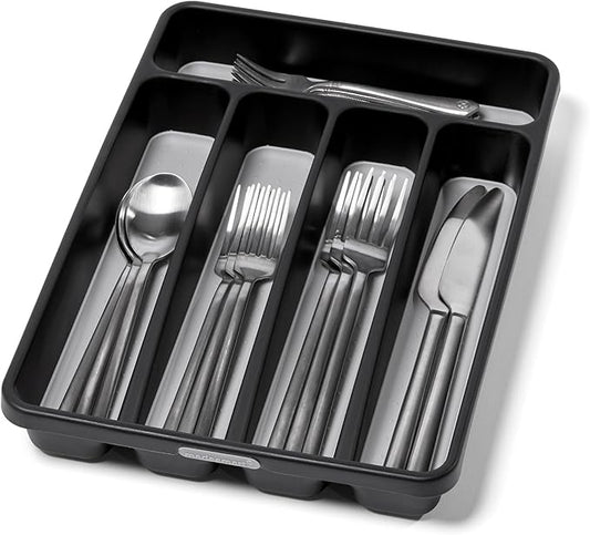 madesmart Small Silverware Tray, 5 Compartment Flatware Organizer for Forks, Knives & Spoons, Non Slip, Soft Grip Lining, Fits Small Drawers, Granite