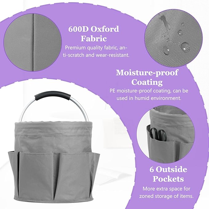 2Pcs Cleaning Caddy with Handle and 6 Pockets, 17L Foldable Cleaning Tote Bag, Portable Shower Caddy in 600D Oxford Fabric, Multifunctional Storage Basket for Camping, Garden, Dark Gray