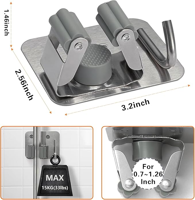 Mop Broom Holder-Self Adhesive Stainless Steel Broom Hanger Organizer for Bathroom, Kitchen, Office，Utility Room，Laundry Room,Home Garden, Garage Storage and Organization Rack(Silver gray-4Psc)