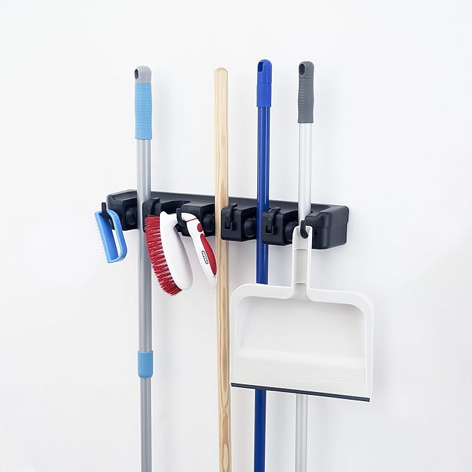 Superio Mop and Broom Holder 2 Pack Wall Mount Black Cleaning Tools Wall Organizer, 3 Rack Slots / 4 Hooks for Kitchen Closet, Garage, Garden, Office