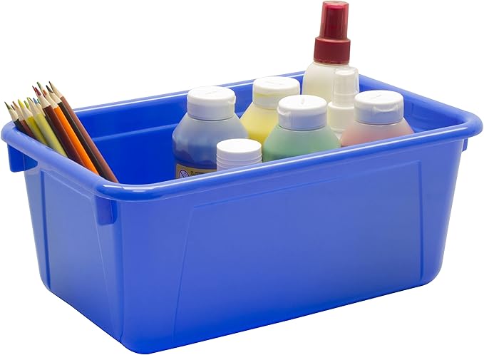 Storex Small Cubby Bins – Plastic Storage Containers for Classroom with Non-Snap Lid, 12.2 x 7.8 x 5.1 inches, Assorted Colors, (62406U05C) (Pack of 5)