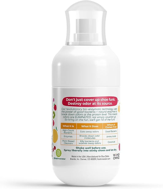 FRESH MONSTER Deodorizing Shoe Spray for Kids & Teens, Shoe Deodorizer Spray with All-Day Odor Protection, Bio-Enzyme Technology, Eliminates Odors, Fruity Fresh, 4 oz