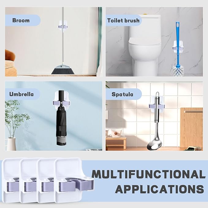4 Pack Mop and Broom Holder Wall Mount, Self Adhesive Broom Hanger, Mop Gripper Organizer Broom Clips for Hanging Home Garage Garden Laundry Room Storage (White) (4)