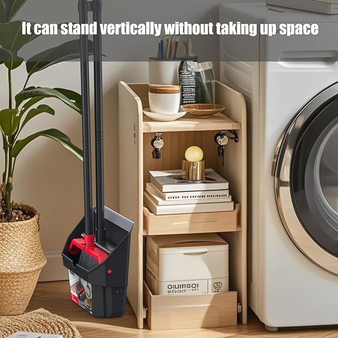 Broom with Dustpan Combo Set, Dust Pans with Long Handle, Brooms with Dustpan, Dust Pan Broom Kit for Home Kitchen & Yard Outside Sweeping(Gray&Red)