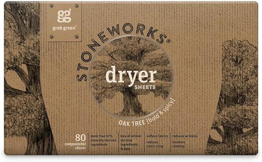 Grab Green Stoneworks Cruelty-Free Dryer Sheets | Softens Fabrics, Freshens Clothing & Reduces Static-Cling and Wrinkles | Plant Based | Oak Tree Scent (80 Sheets)