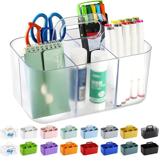 Multiuse Caddy Organizer with Handle - Stackable Plastic Bin - Divided Storage Tote Holder for Art Craft Supplies, Makeup, Bathroom, Shower, Cleaning, Kitchen, Office, Dorm, Desktop - Frosted Clear