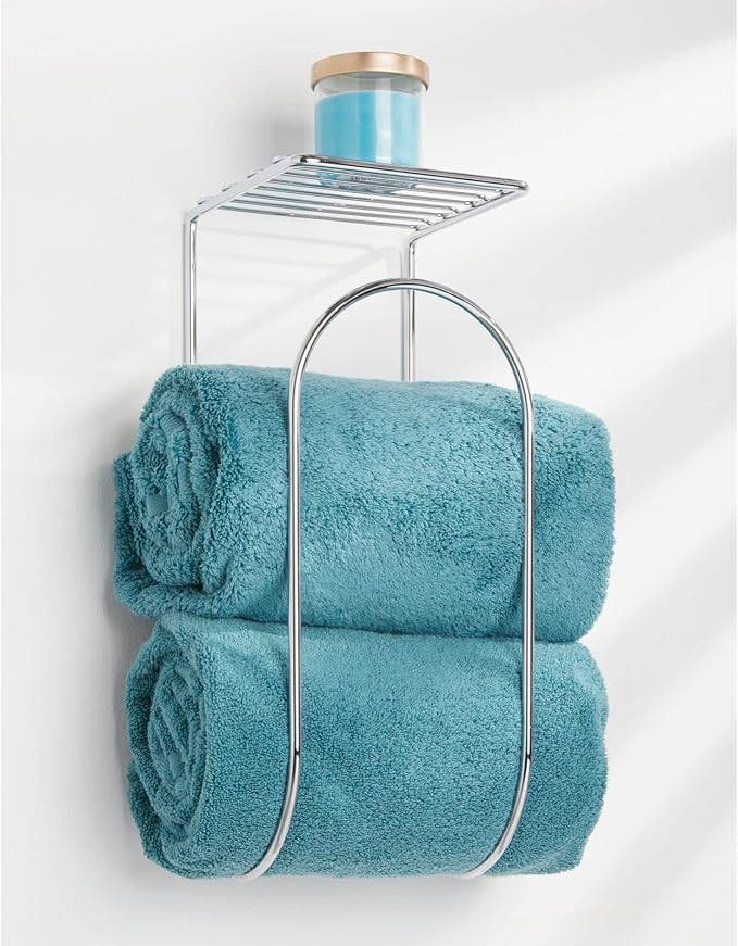 mDesign Modern Metal Wire Wall Mount Towel Rack Holder and Organizer with Storage Shelf - for Bathroom Towels, Washcloths, Hand Towels - Decorative Curved Design - Chrome