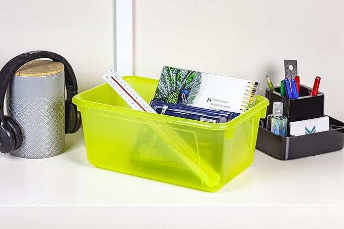 Storex Small Cubby Bins – Plastic Storage Containers for Classroom with Non-Snap Lid, 12.2 x 7.8 x 5.1 inches, Tint Yellow, 5-Pack (62482U05C)