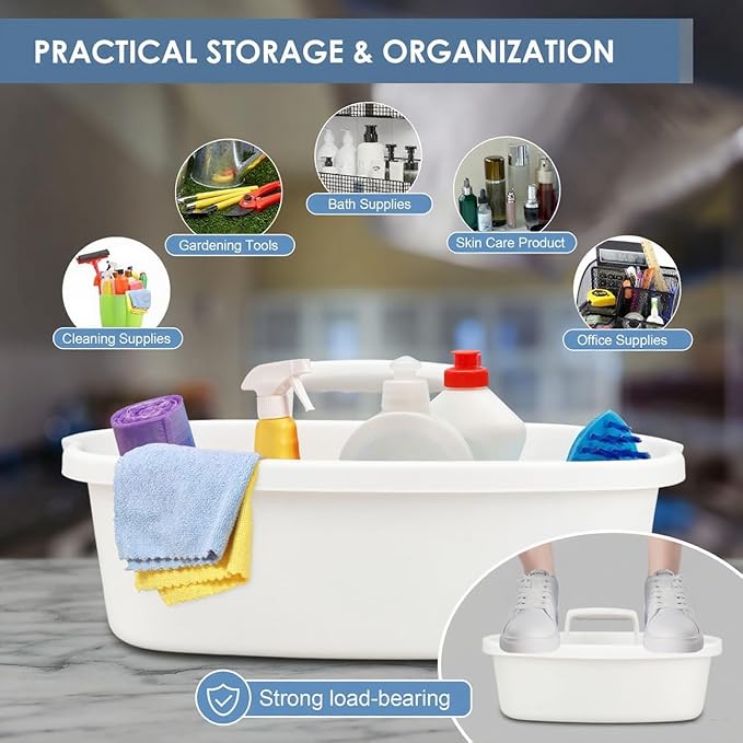 Cleaning Supplies Caddy with Handle, Portable Shower Caddy Organizer Plastic Basket with Handle, Stackable Tool Storage for Bathroom, Garden, Kitchen, Home Organization, White