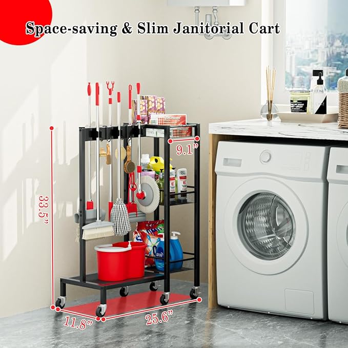 Broom and Mop Holder with Wheels, Large Capicity Cleaning Supplies Organizer with 3-tier Storage Shelf, Cleaning Rack with Hanger Grippers Hooks, Narrow Housekeeping Rack for Laundry Room Garage