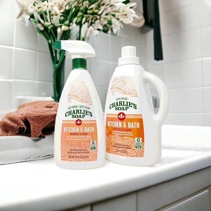 Charlie's Soap Kitchen & Bath Surface Cleaner Refill Kit (107 fl oz) Eco-Friendly Spray & Wipe Multi-Purpose cleaner Safe for Sensitive Skin (2 Pack - One 32oz Sprayer and One 75oz Refill)