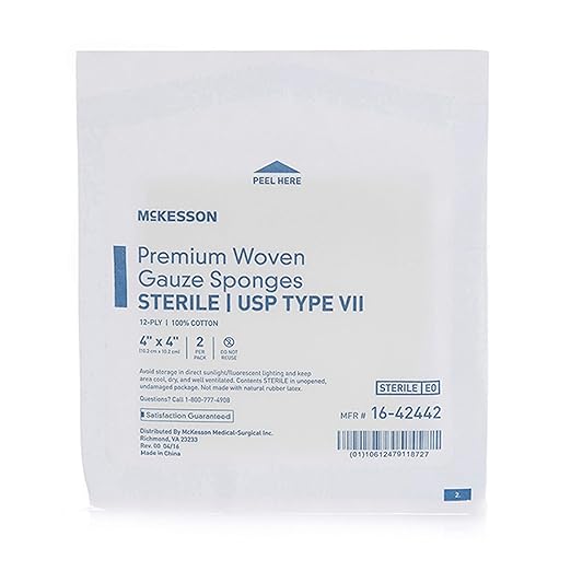 McKesson Premium Woven Gauze Sponges, Sterile, 12-Ply, USP Type VII, 100% Cotton, 4 in x 4 in, 2 per Pack, 25 Packs, 50 Total