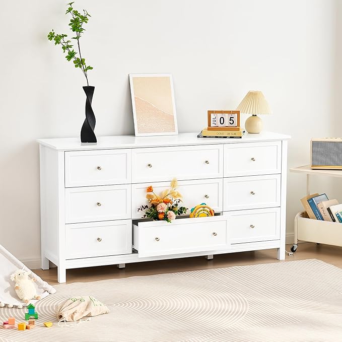 VEVOR 9 Drawer Dresser, Wooden Chest of Drawers with Sliding and Anti-tip Device, Retro Minimalist Dresser Chest, Closet Storage TV Stand Organizer for Living Room, Hallway, Bedroom, Entryway, White