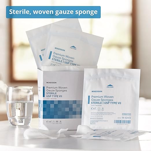 McKesson Premium Woven Gauze Sponges, Sterile, 12-Ply, USP Type VII, 100% Cotton, 4 in x 4 in, 1 per Pack, 50 Packs