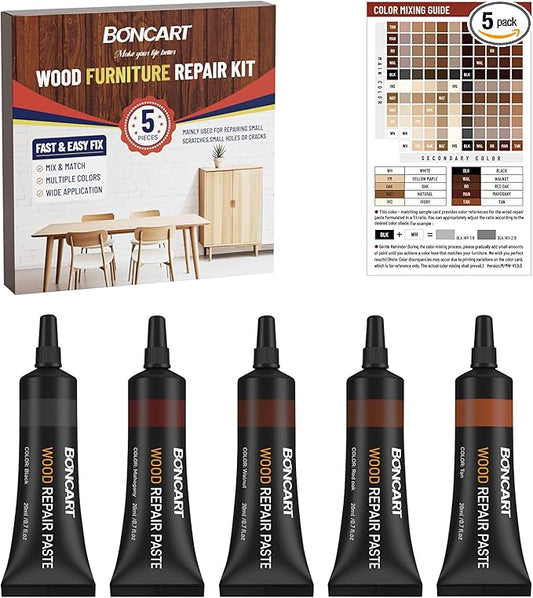 Wood Furniture Repair Kit, Wood Touch up Fillers, Repair Scratches, Cracks, Paint Chips, and Nail Holes on Furniture, Floors, Doors, Cabinets, and Tables (5 Dark Colors)
