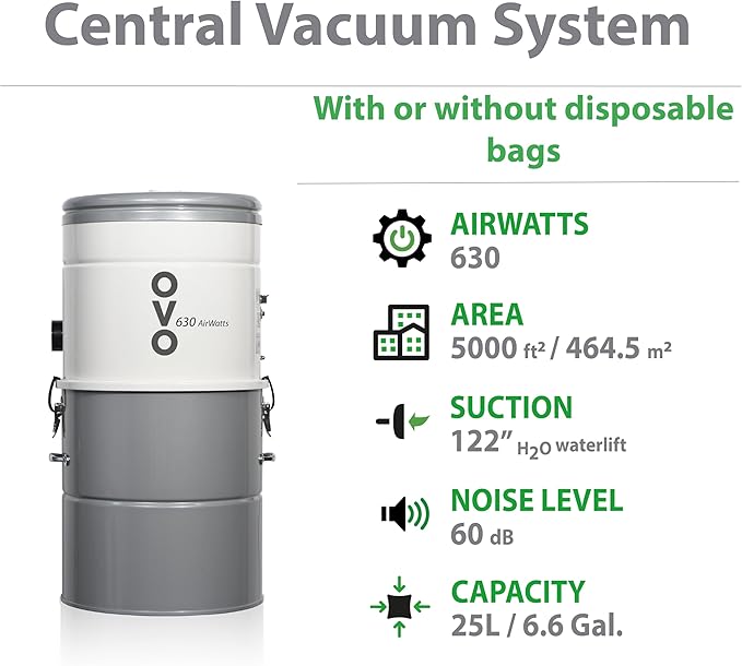 OVO Large and Powerful Central Vacuum System, Hybrid Filtration (with or Without Disposable Bags), 25L or 6.6 Gal, 630 Airwatts + 30 ft Premium Deluxe Accessory Kit