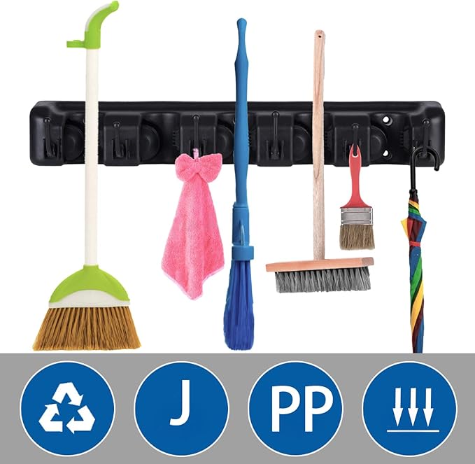 Mop Broom Holder Wall Mounted, Cleaning Tools Rack Hanger with 5 Slots 6 Hooks, Garage Organizer for Closet Kitchen Garden Garage Basement (Black)