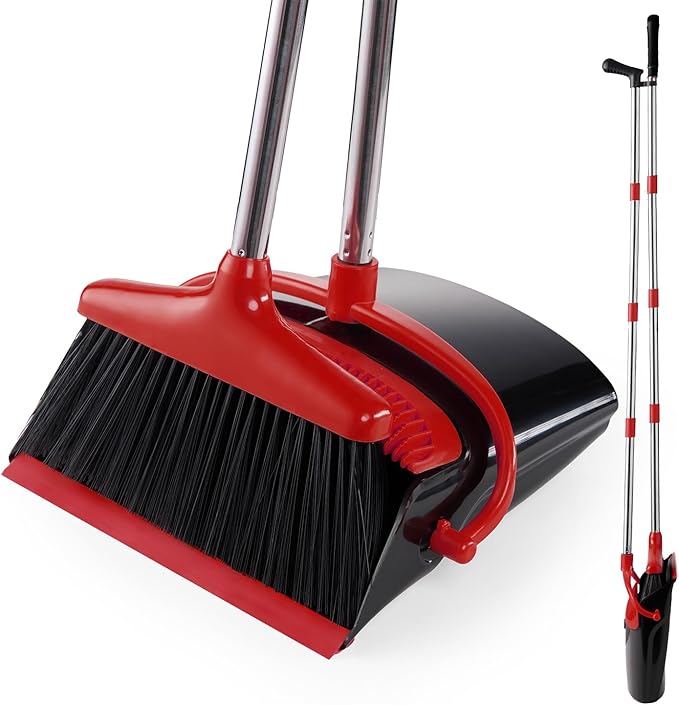 Broom and Dustpan Set Lightweight Upright Lobby Broom and Dust Pan Combo with Long Handle Outdoor Indoor for Home Kitchen Room Office (Red and Black)