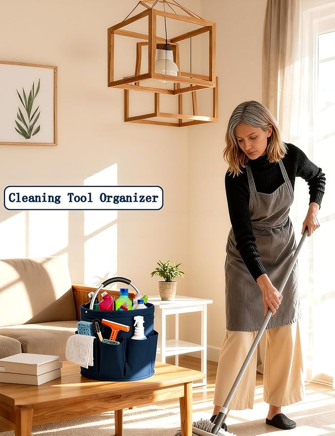 Cleaning Caddy with Handle, Cleaning Products Organiser, Foldable Storage Basket, Large Supply Organiser 17L with 6 Pockets, Portable Cleaning Caddy for Home & Garden (Dark Blue)