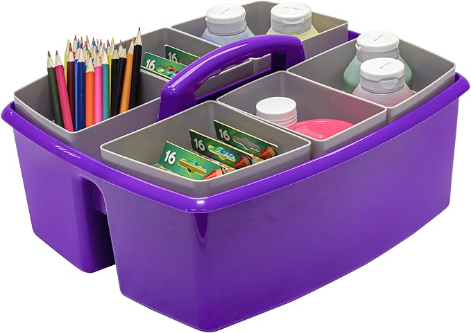 Storex Large Classroom Craft Caddy with Cups, 13 x 11 x 6.575 Inches, Purple, Case of 2 (00986A02C)
