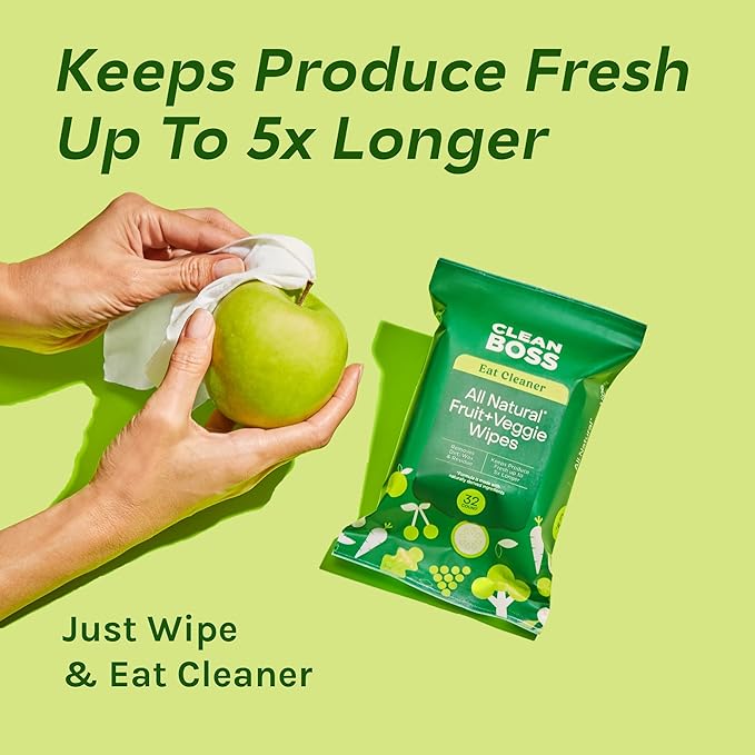 CleanBoss Eat Cleaner Fruit + Veggie Wipes - 32 Count, Pack of 2 - Removes Harmful Residue - Keeps Produce Fresh Up to 5X Longer - Vegan, Gluten Free - 64 Wipes Total