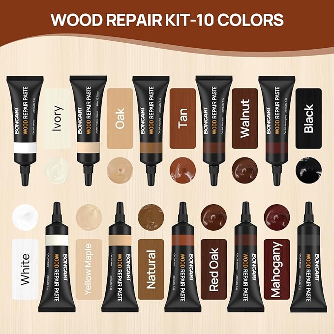 Wood Furniture Repair Kit, Wood Touch up Fillers, Repair Scratches, Cracks, Paint Chips, and Nail Holes on Furniture, Floors, Doors, Cabinets, and Tables (10 Colors)