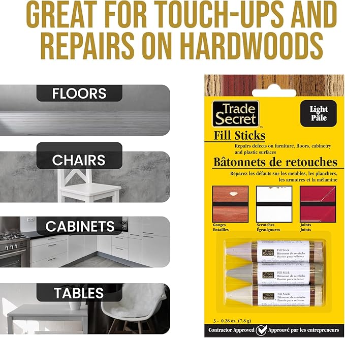 Wood Scratch Repair Fill Stick for Light Surfaces (Set of 3), Great for Touch-Ups and Repairs on Hardwoods Floors, Furniture, Cabinets and Plastic Surfaces.