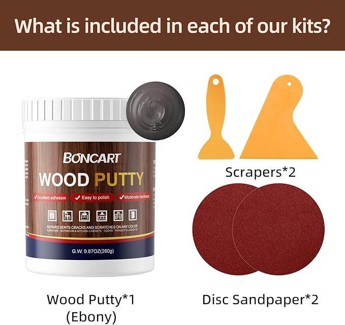 Wood Filler - Ebony, Paintable, Stainable, Sandable. Quickly Repair Holes, Cracks, Chips, Damage, and Scorched Wooden Furniture