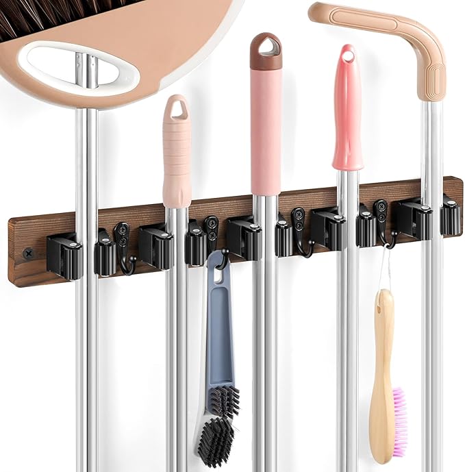 Brown Broom Holder Wall Mount - Heavy Duty Wood Mop and Broom Organizer with 5 Slots & 4 Hooks - Rustic Garden Tool Hanger for Laundry Room Closet Kitchen Garage Storage and Organization