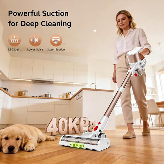 Cordless Vacuum Cleaner, 500W/40Kpa Vacuum Cleaners for Home, Stick Vacuum Cordless with LED Display, Anti-Tangle & Wall Mount, 8 in 1 Lightweight Vacuum for Hard Floors Pet Hair(Gold)