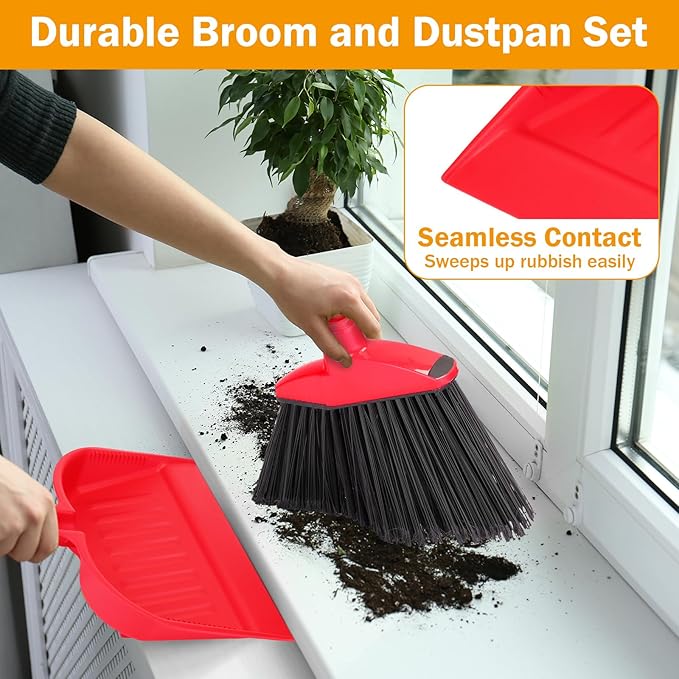 Maxcheck 6 Pcs Broom and Dustpan Set 54 Inch Heavy Duty Indoor Brooms with Dust Pan Combo Bulk for Commercial Shop Angle Home Office Lobby Kitchen(Red)