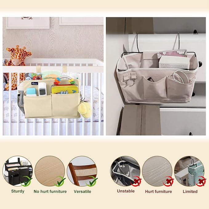 Surblue Bedside Caddy Hanging Organizer Storage Bag Pocket for Bunk, Hospital, College Dorm Rooms, Baby Bed Rails, Camp - 8 Pockets, Large, Beige
