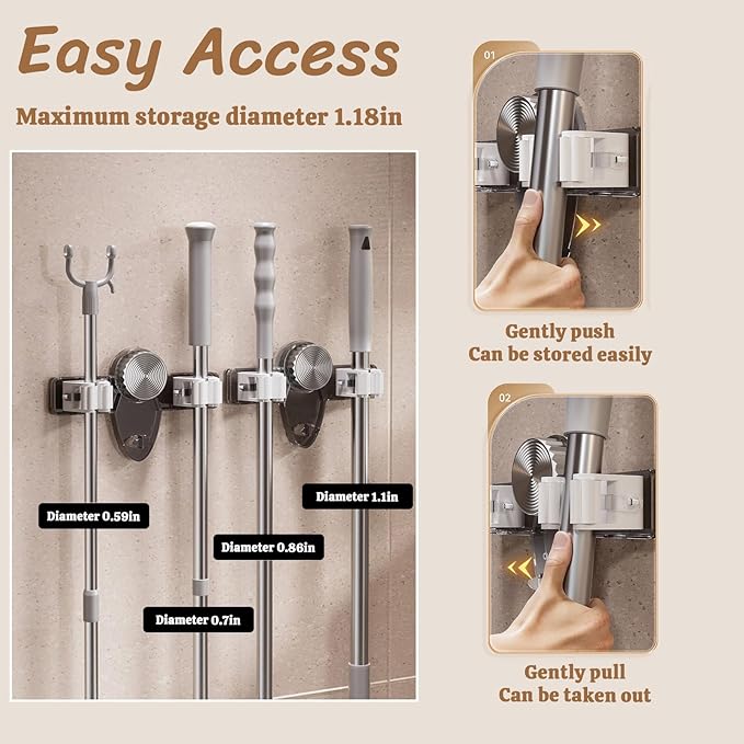 3 Pcs Wall Mounted Broom and Mop Holder Powerful Suction Cups Heavy Duty Garden Tool Organizer Rack for Garage,Self Adhesive Hanger, Spring Laundry Room Cleaning Organization