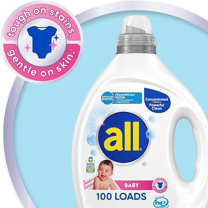 all Baby, Gentle for Baby, Liquid Laundry Detergent, Hypoallergenic for Sensitive Skin, Concentrated, 75oz, 100 Loads