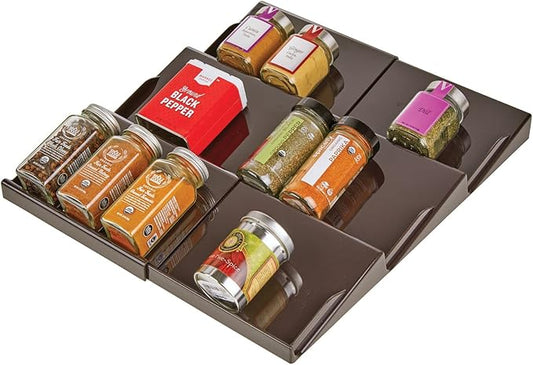 mDesign Expandable Plastic Deluxe Spice Rack, Drawer Organizer for Kitchen Cabinet Drawers, 3 Tier Slanted for Spice Jars, Food Seasoning Bottle Storage, Ligne Collection - Bronze