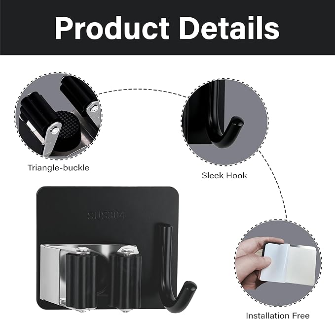 5 Pack Mop and Broom Holder Wall Mount, Stainless Steel Mop and Broom Hanger with Hooks, Mop Broom Organizer for Closet Laundry Garage Garden Tool Organizer (Black)