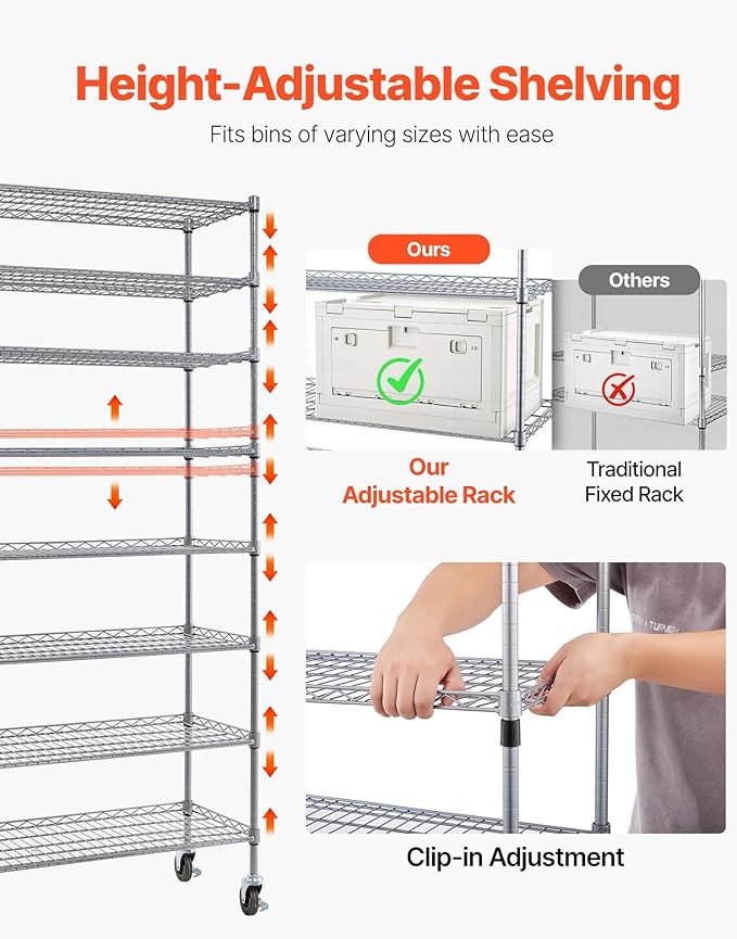 VEVOR 8-Tier Rolling Bin Storage Rack, 26 Organizer Bins, Bin Rack Storage Steel Wire Shelving System with Wheels, Mobile Tool Organizer for Garage, Warehouse, Office, Restaurant, Classroom, Kitchen