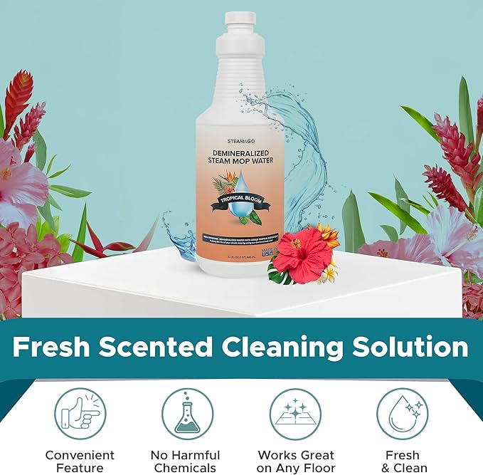 Steam & Go Demineralized Water for Steam Cleaner - PVC-Free Floor Cleaning Solution Compatible for All Steam Mops - Multi-Surface Cleaner for Home Surfaces - Tropical Bloom Scent, 32 oz (Pack of 18)