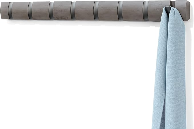 Umbra Flip Wall-Mounted Coat Rack with 8 Hooks – Modern, Space-Saving Storage for Hats, Jackets, Bags, Entryway, Mudroom, Closet, Bathroom, Bedroom – Grey/Pewter