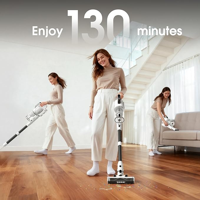Cordless Vacuum Cleaner, 2 Batteries 130 Mins Runtime 600W 50Kpa Stick Vacuum Cordless, Self-Standing Vacuum Cleaners for Home with 2.5H Fast Charging, for Floor/Carpet/Pet Hair, White